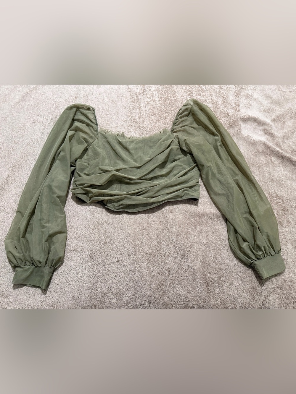 Missguided Olive Puff Sleeve Ruched Mesh Crop Top